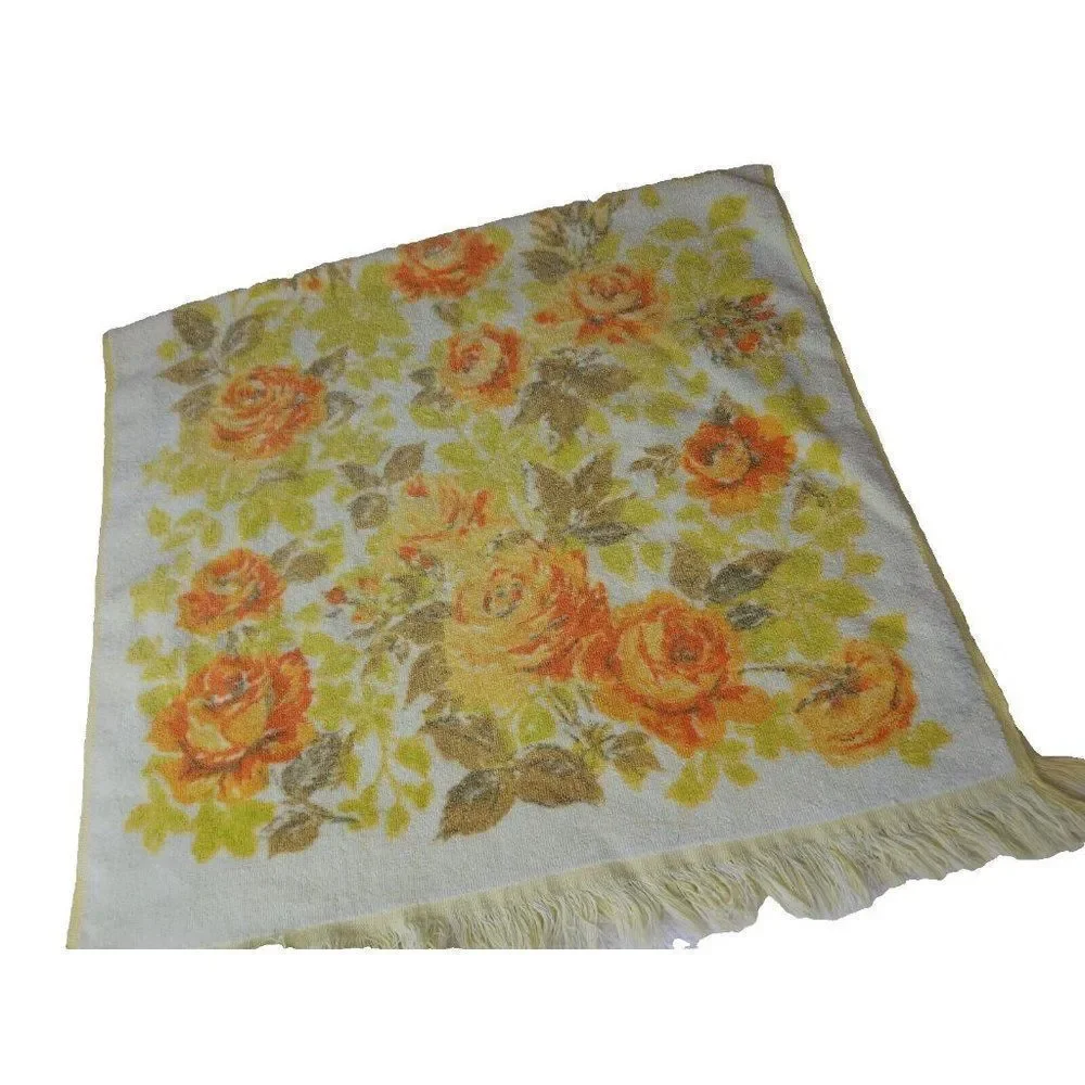 Vintage Canon 70s Bath Towel Yellow Orange Cotton Fringe Hollywood Regency
